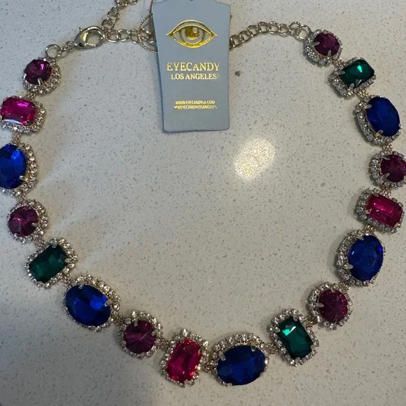 eye candy Multicolor Crystal Collar Necklace — Pink, Blue, Green - Picture 1 of 7